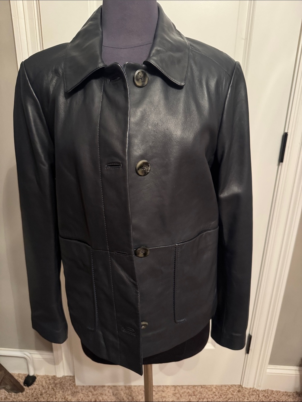 NWOT Cole Haan Navy Leather Button-Front Bomber Jacket